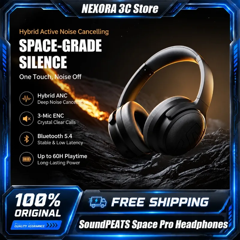 Auriculares inalámbricos SoundPEATS Space Pro Over Ear con cancelación activa de ruido ANC, auriculares para juegos con audio de alta resolución y micrófono.
