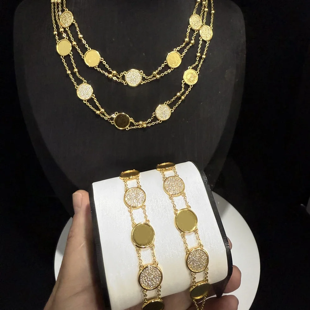 Pave 5A CZ Charm Double Ball Link Chain Bracelet Gold Color Geometric Round Plain Fashion Women Bangle Jewelry