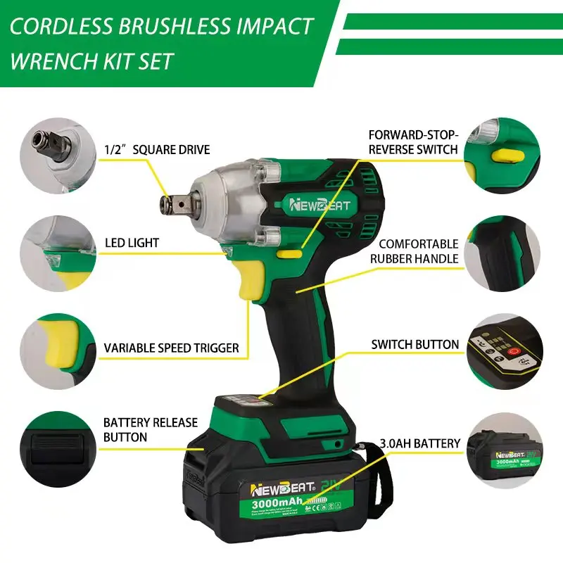 Power Electric Wrenches Set 21V Battery High Torque Cordless Brushless Impact Wrench Kits Heavy Duty