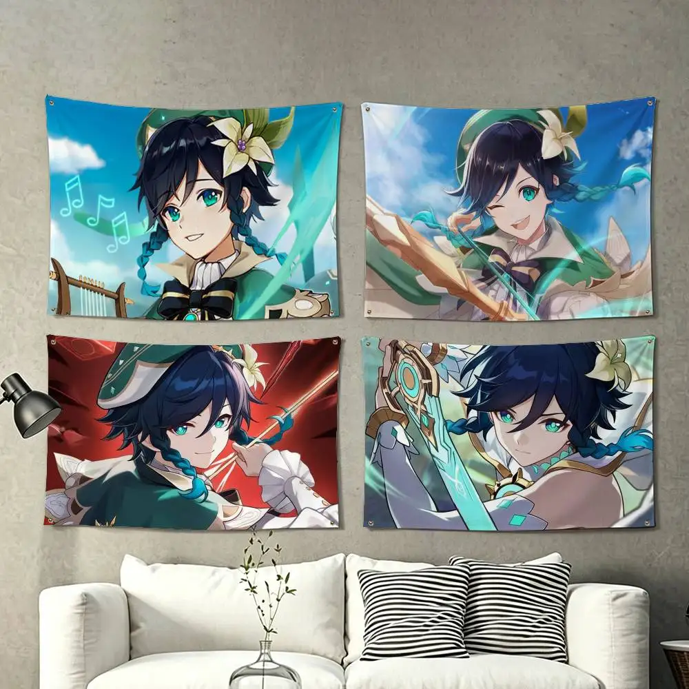 v-Venti G-Genshin Game Impact  Flags for Bedrooms Home Decor Items Outdoor Decors Garage Decoration Flaga