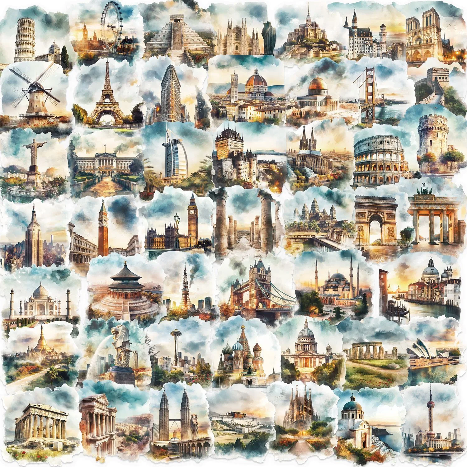 Pegatinas de edificio de fama mundial, calcomanías transparentes para equipaje de viaje, portátil, guitarra, monopatín, coche, juguete, 10/50 Uds.