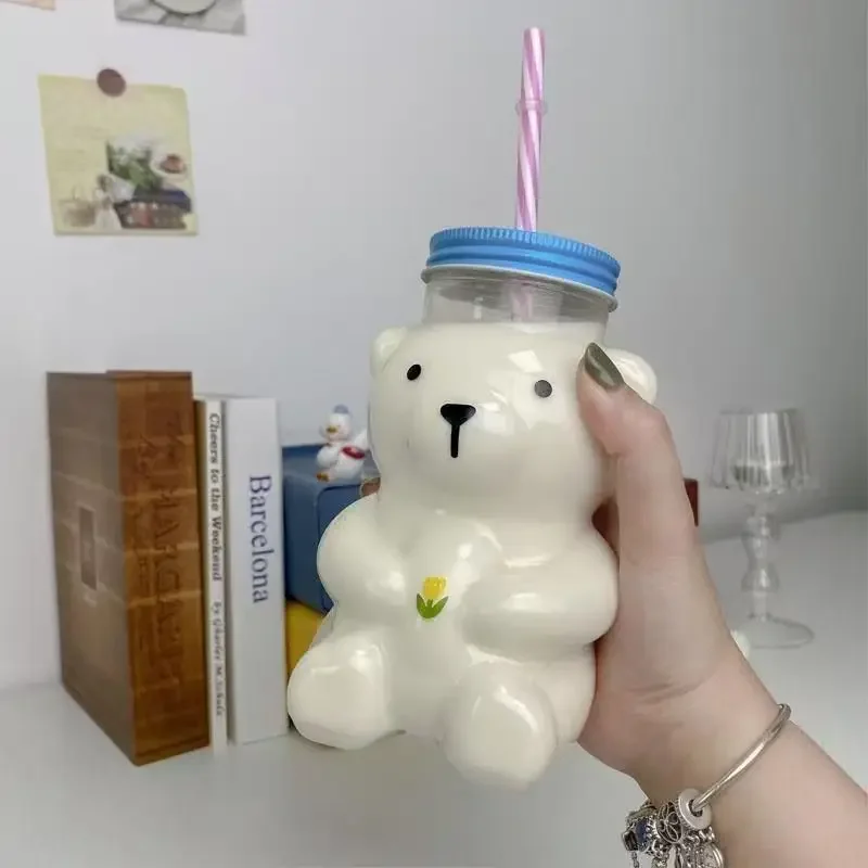 Little Bear Glass Straw Cup Fresh And Heat-resistant Cute Bear Juice Coffee And Milk Cup Made Of High Borosilicate Glass