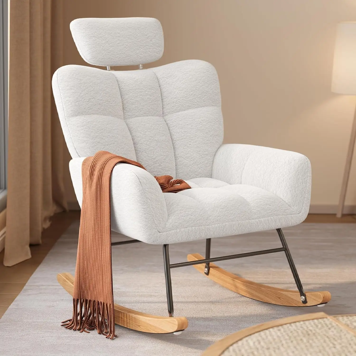 

Rocking Chair Nursery with Adjustable Headrest, Teddy Upholstered Glider Rocker Accent Chair with High Backrest