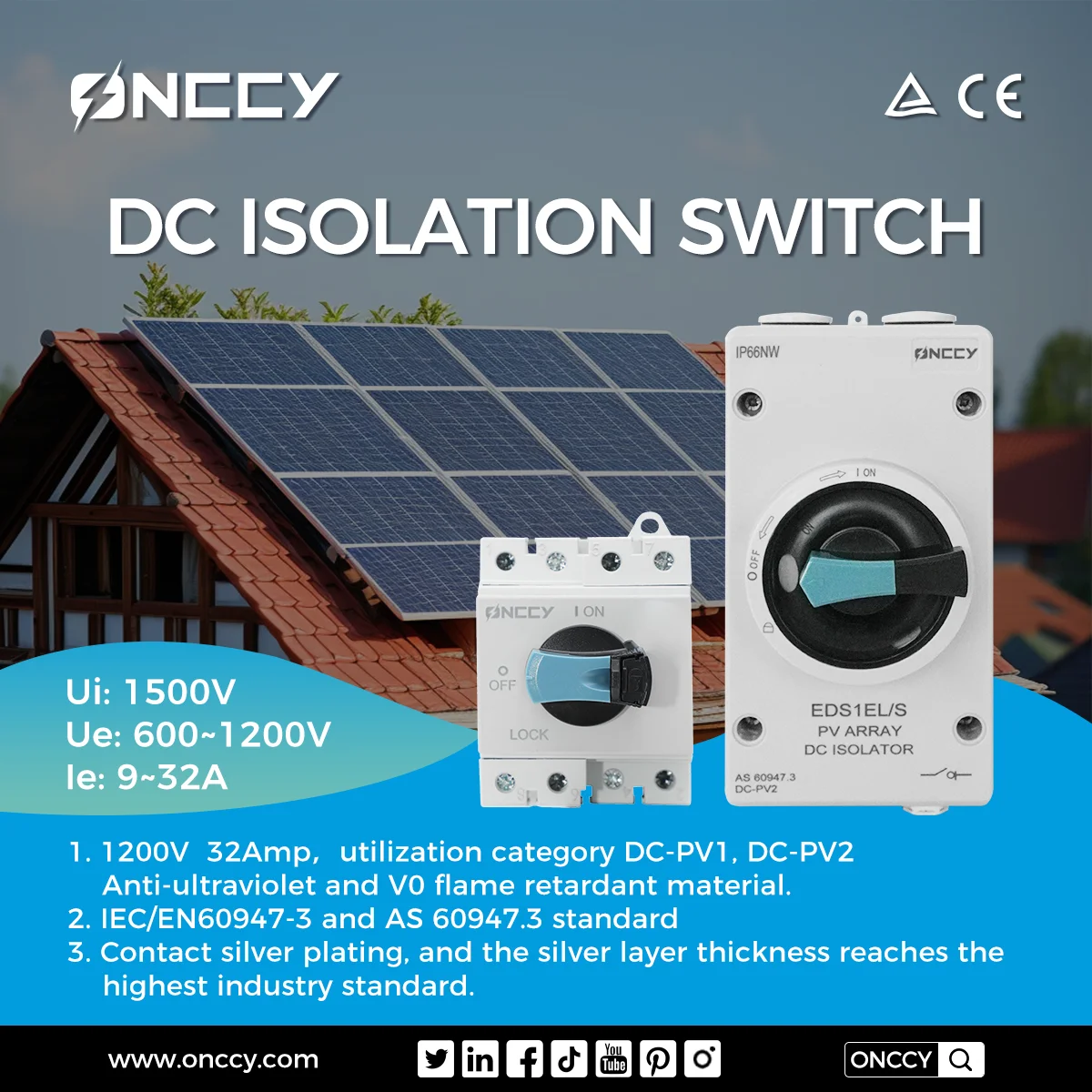 

ONCCY Photovoltaic Solar DC Isolation Switch Outdoor PV Solar Switch 4P 1200V/1000V 32A Rotating Handle IP66 Waterproof