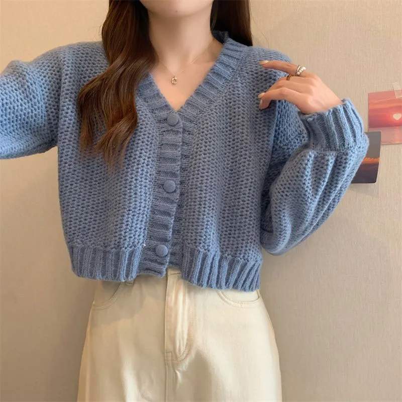 Xpqbb Cropped V-neck Sweater Cardigan Women Sweet Button Up Casual Solid Knitting Sweater Coat Female Autumn New Wild Knit Top