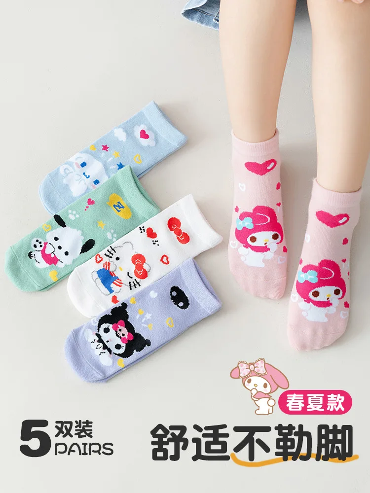 5 Pairs Sanrio Hello Kitty Kids Socks Kawaii New Summer Cartoon Kuromi Melody Children Short Cotton Sock for Girls Gifts