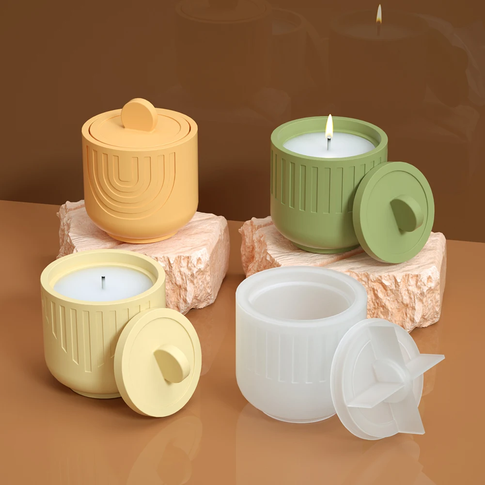 Candle Jar Molds Striped Round Pot Molds Candle Vessels With Lids Container Molds For Candlelight Dinner Home Decoration