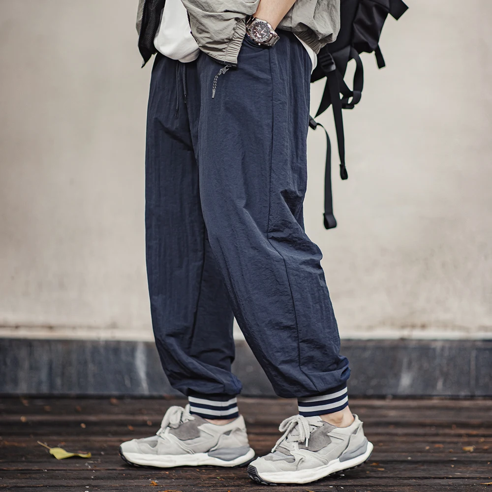 Maden Casual Striped Jogger Pants with Elastic Waistband Drawstring Design Solid Color Thin Trousers for Men\'s Autumn