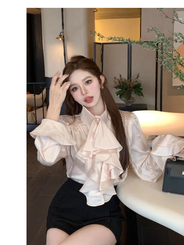 

Французские элегантные женские топы с оборками и воротником-стойкой, облегающие женские рубашки с длинными рукавами, темпераментная универсальная блузка Femmes