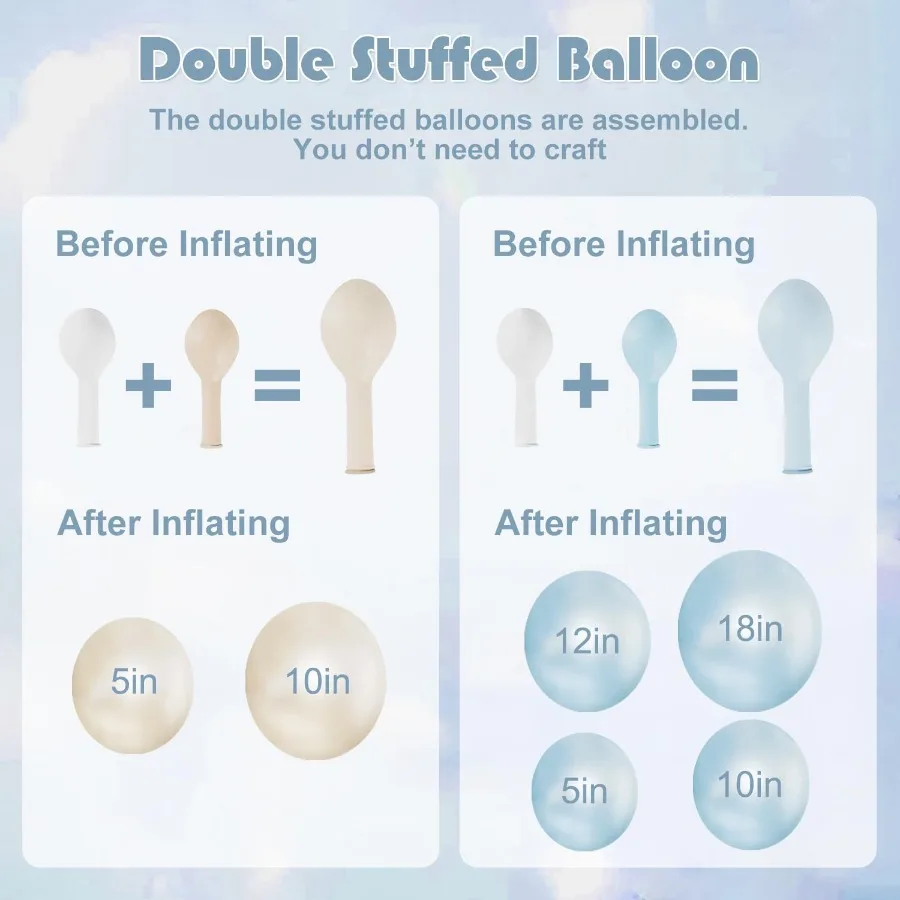 더스티 블루 풍선 아치 키트 103개 더블 스터프드 더스티 블루 펄 블루 화이트 샌드 화이트 클리어 풍선 다양한 크기 웨딩용
