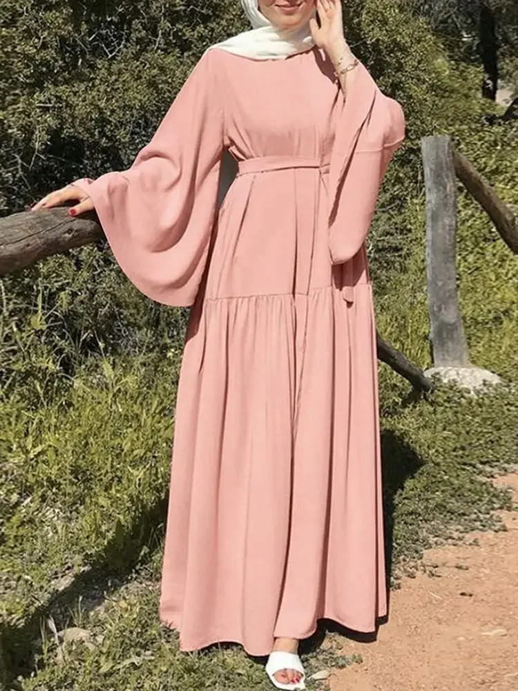 Vestido musulmán de manga acampanada para mujer, traje largo con cinturón, Abayas turcas, moda musulmana, 2024