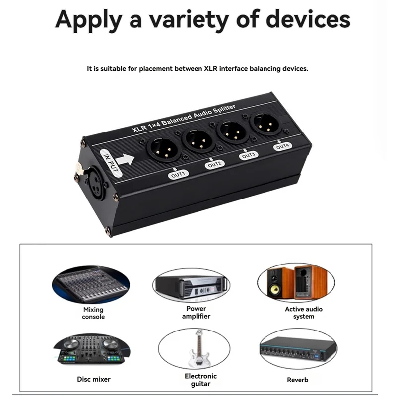 

A73E-1X4 XLR Balanced Audio Splitter 3 Pin 1 Input 4 Output Audio Signal Splitter Box No Power Needed Supply