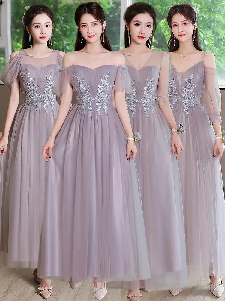 

Grey Tulle Bridesmaid Dresses Women V-Neck Appliques Off Shoulder Graduation Dress Exquisite Elegant A-line Choir Gown
