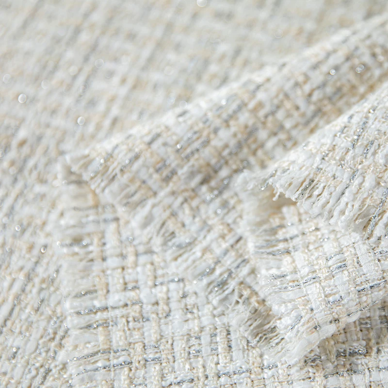 

Beige Color Silver Wire Yarn-Dyed Braided Tweed Fabric For Women Autumn Jacket Dress Suits Coat DIY Cloth Sewing Material