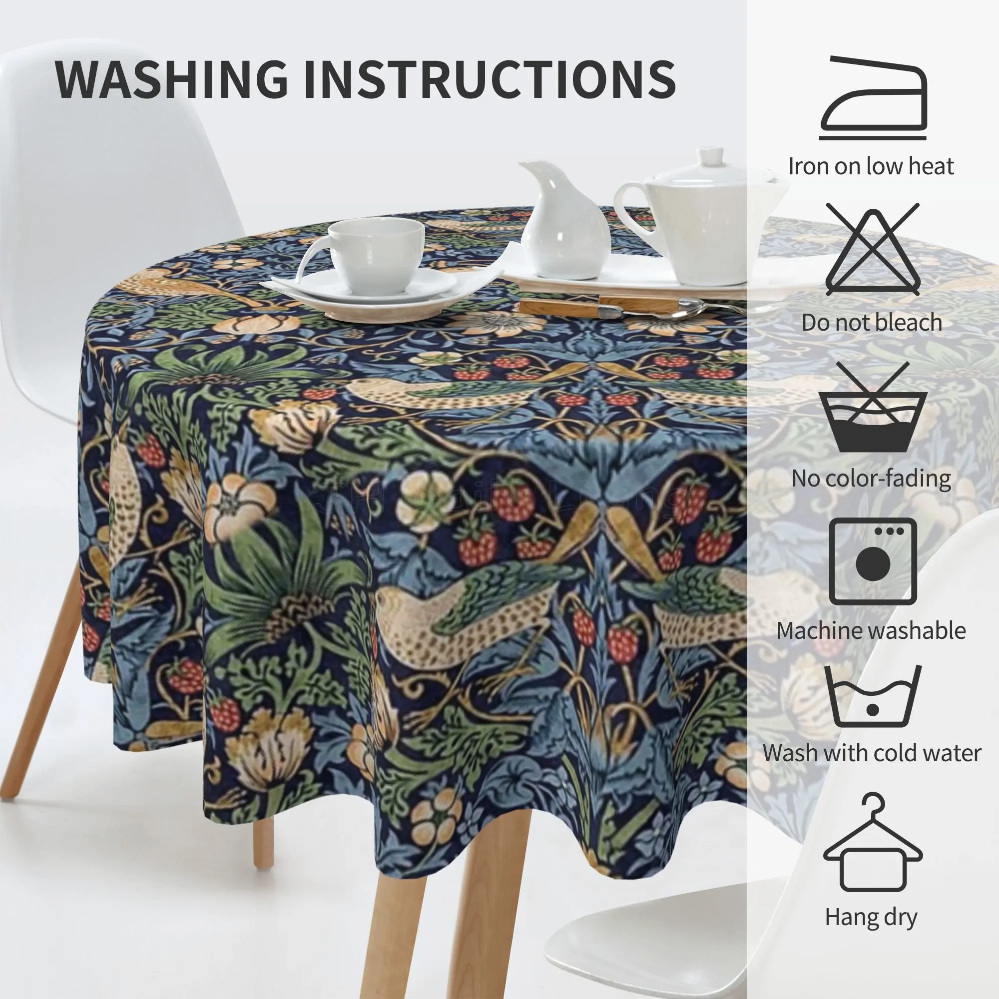 William Morris Print Round Tablecloth 60 Inch for Dining Washable Polyester Table Cloth Water Resistant Spill Proof Table Cover