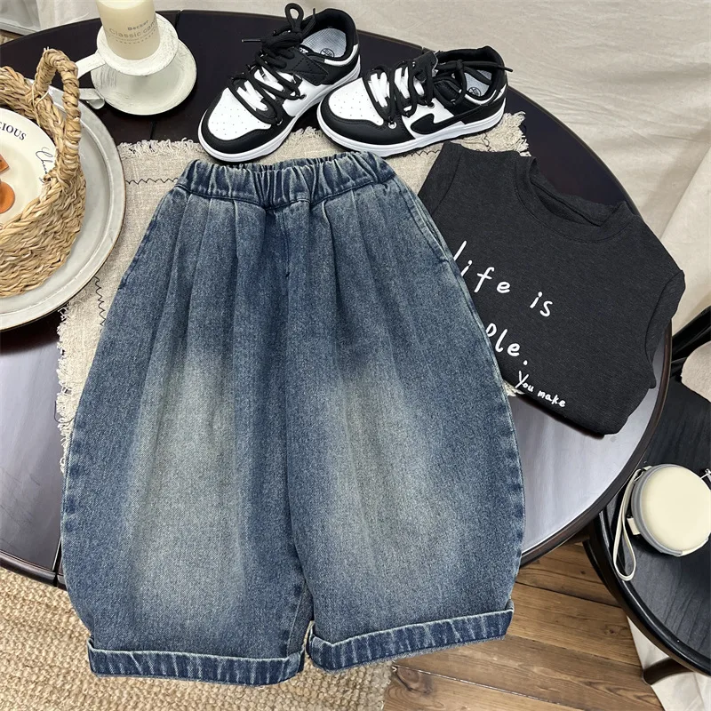 

Childrens Pants 2025 Spring and Autumn New Korean Version Versatile Loose Denim Fashionable Casual Wide Leg Carrot Pants