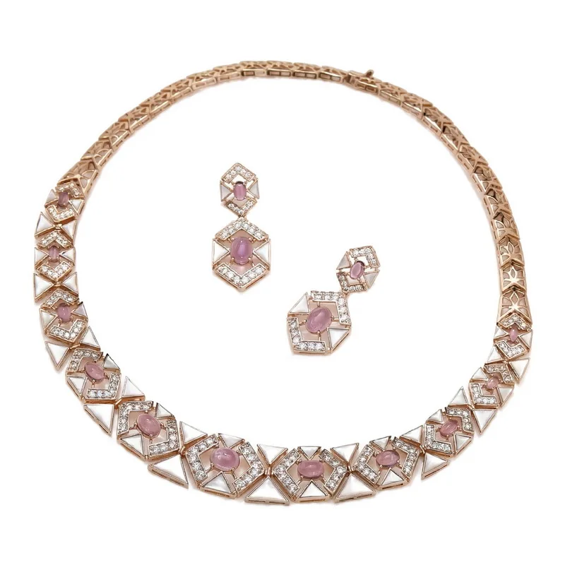 Designer Fashion Style Earrings Necklace Women Lady Inlay AAA Cubic Zircon Mother Of Pearl Purple Beads Party Jewelry Sets