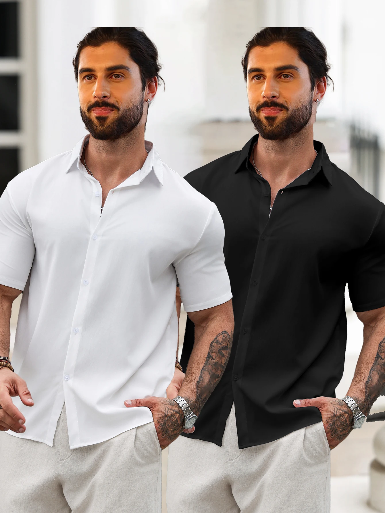 

2 PCS Solid Color Lapel Short Sleeve Black and White Shirt for Men