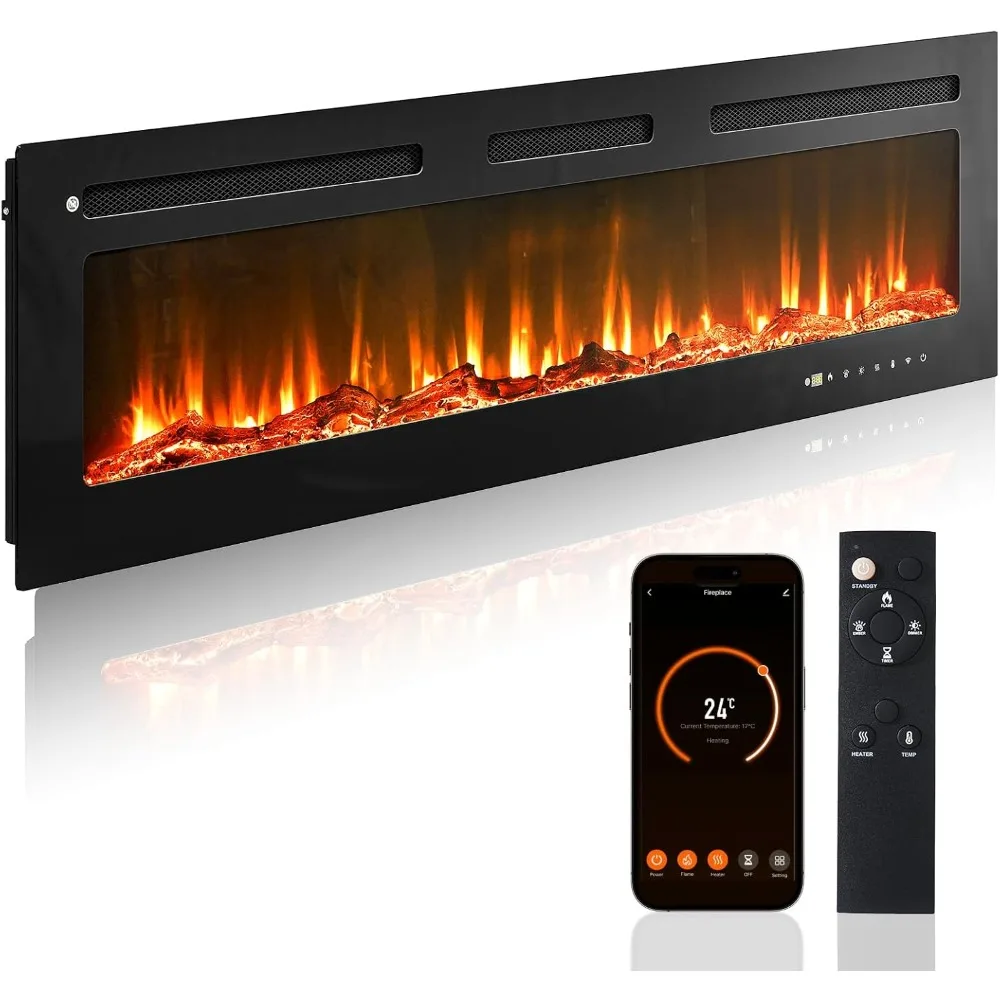 

60 Smart Electric Fireplace Heater, Compatible with Alexa & Google Home, Wall Mount or in-Wall Recessed Fireplace Insert