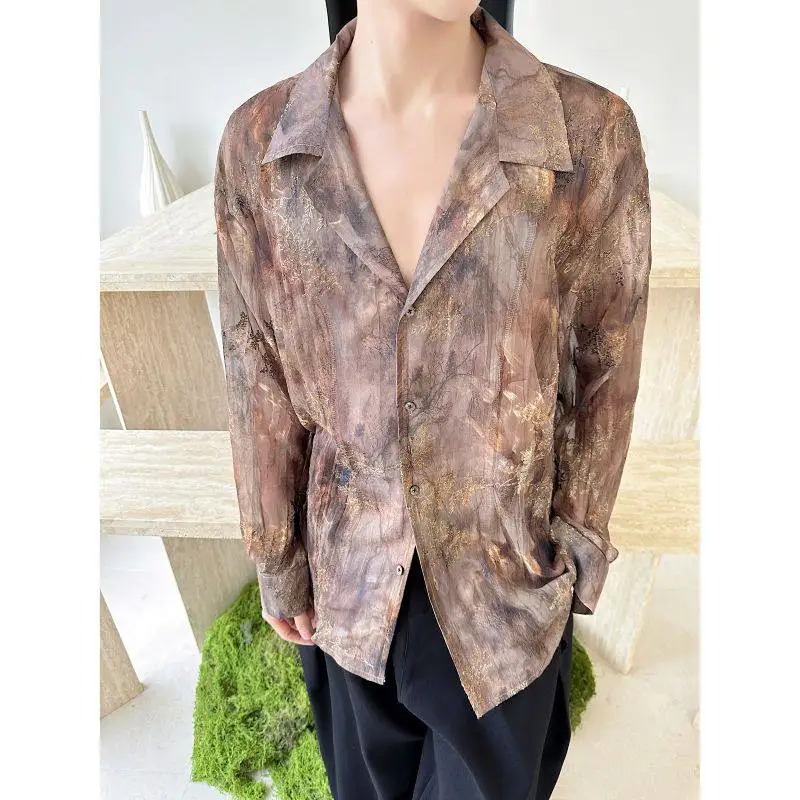 

Retro Cuban Collar Men's Shirt Vintage Dyeing Self-Control Style Casual Fashion Polyester Fiber Long Sleeve Spring Autumn