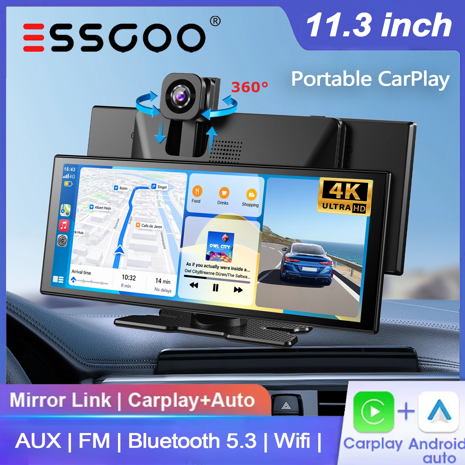 ESSGOO 11,3" 4K+1080P Universeller Tragbarer Kabelloser CarPlay & Android Auto Auto-DVR mit Dualer Aufnahme, Nachtsicht, WiFi, GPS-Navigation, Videorekorder, FM, BT5.3, AUX, Mirror Link für Autos,