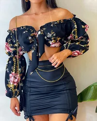 Conjunto de 2 uds de faldas cortas de manga larga con cuello oblicuo y estampado de flores, conjunto Sexy ajustado de moda de verano, conjuntos de vestidos de calle