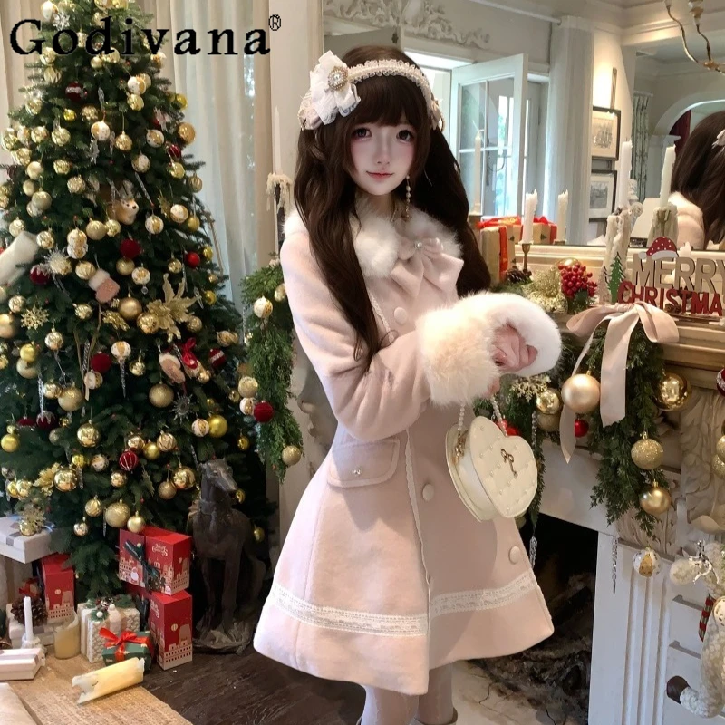 

Pink Sweet Winter Warm Woolen Coat for Women High Street Princess Bow Wool Coats Female Japanese Style Loose Overcoats