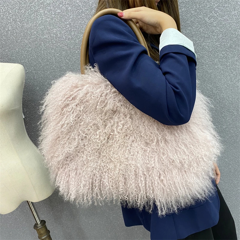 Factory Wholesale New Fashion Design Luxury Real Mongolian Lamb Fur Bag Sheep Fur Shoulder Bag