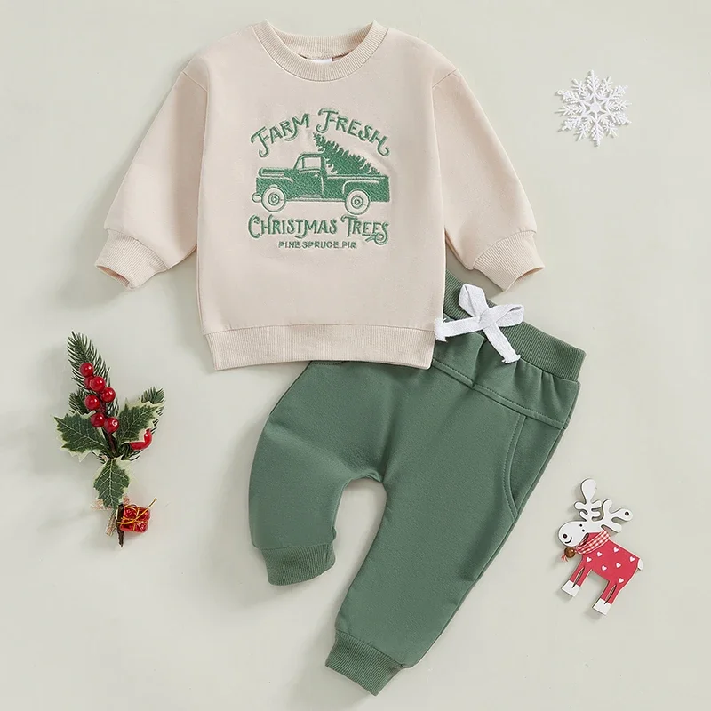 Baby Boys  Long Sleeve Tree Letter Embroidery Sweatshirt with Elastic Waist Pants Set Toddler Christmas Clothes