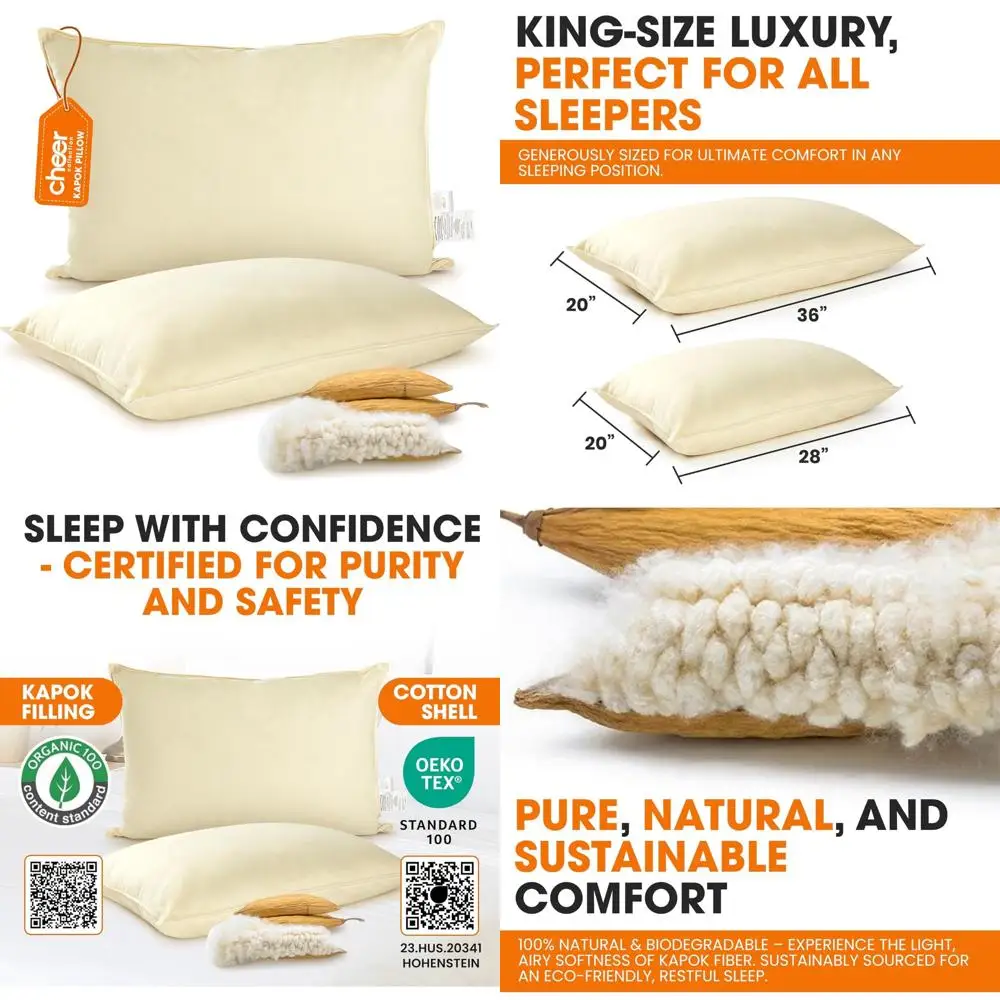 

Organic Kapok Pillows Set - Natural Fiber Filled Cotton Shell Sleeping Pillows for Breathable Comfort