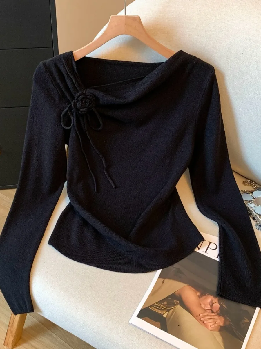 سترة محبوكة من Pure Desire محفظة ذاتيًا مع ياقة مائلة غير متماثلة طويلة Sve ort Sle للسيدات للخريف بخصر جديد... #4