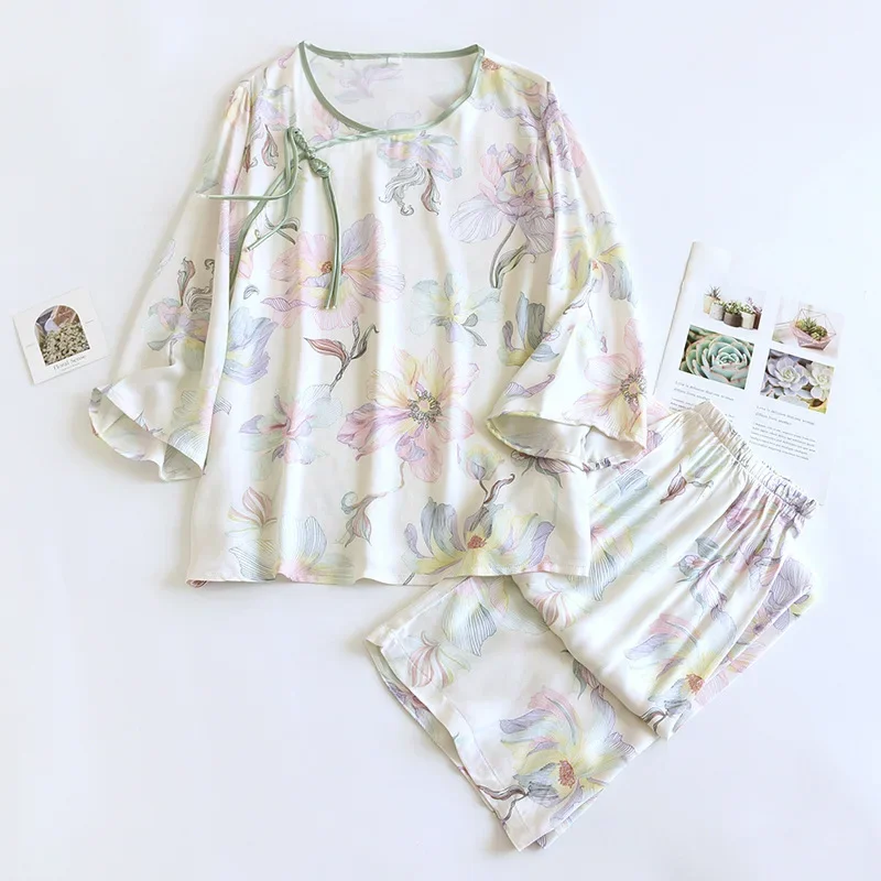 2025 New Spring/Summer Women's Viscous Cotton Pajama Set Chinese Button Home Furnishings Two Piece Set with Thin Print Pajama