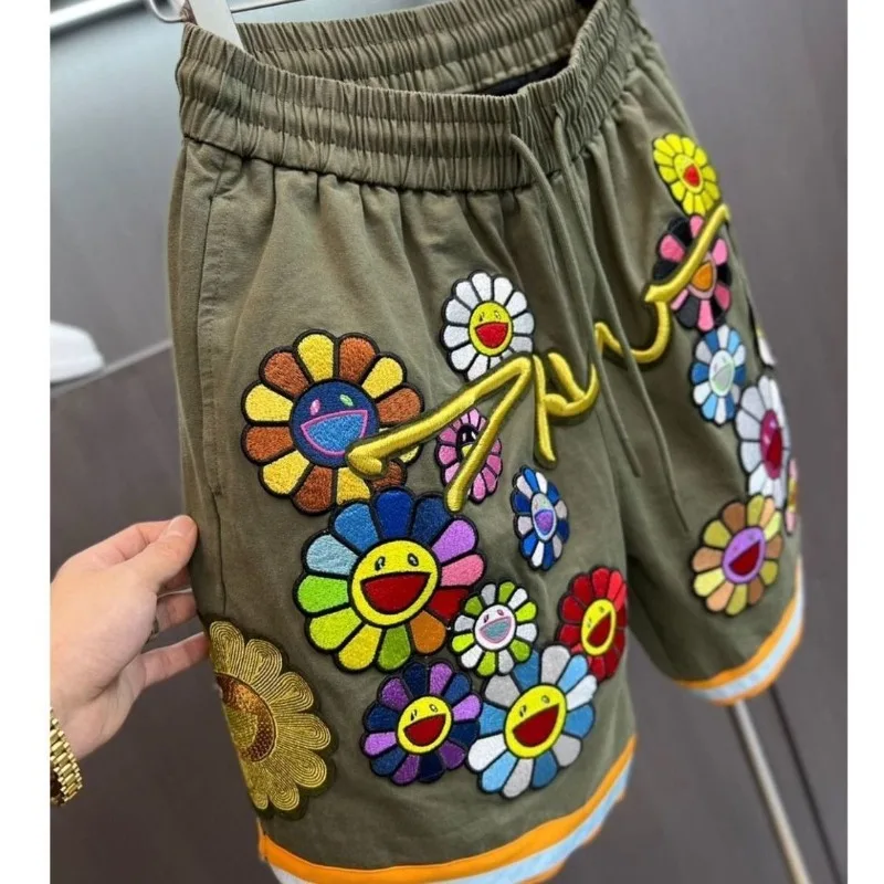 Hikigawa Chic Fashion Women Floral Embroidery Loose Shorts Cargo Pants Streetwear Sporty Thin Casual All Match Pantalones Mujer