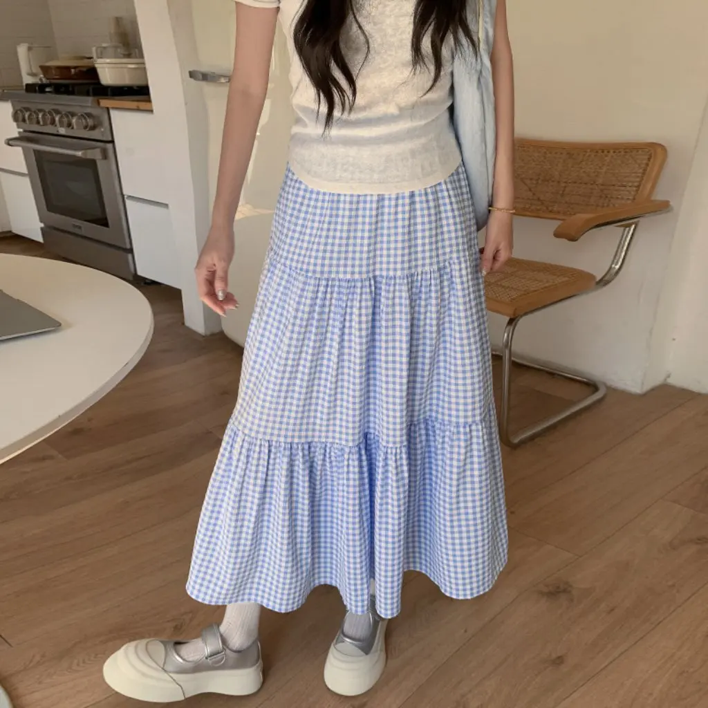 

Women's French Style Vintage Plaid Three-Layer Cake Long Dress Summer Age-Reducing Elegant A-Line Umbrella Skirt