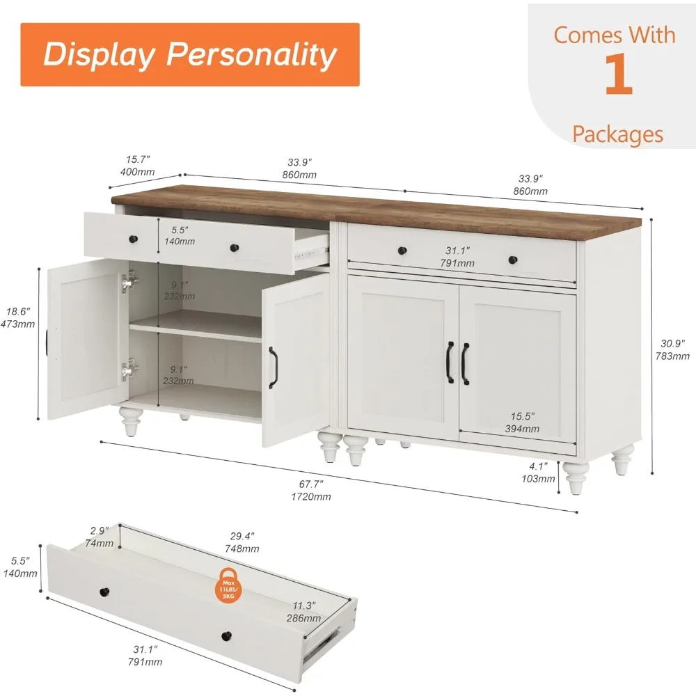 Buffet Cabinet with 4 Doors and 2 Drawers, Large Coffee Bar Tables Wood Kitchen Storage Cabinets with Storage Cabinets