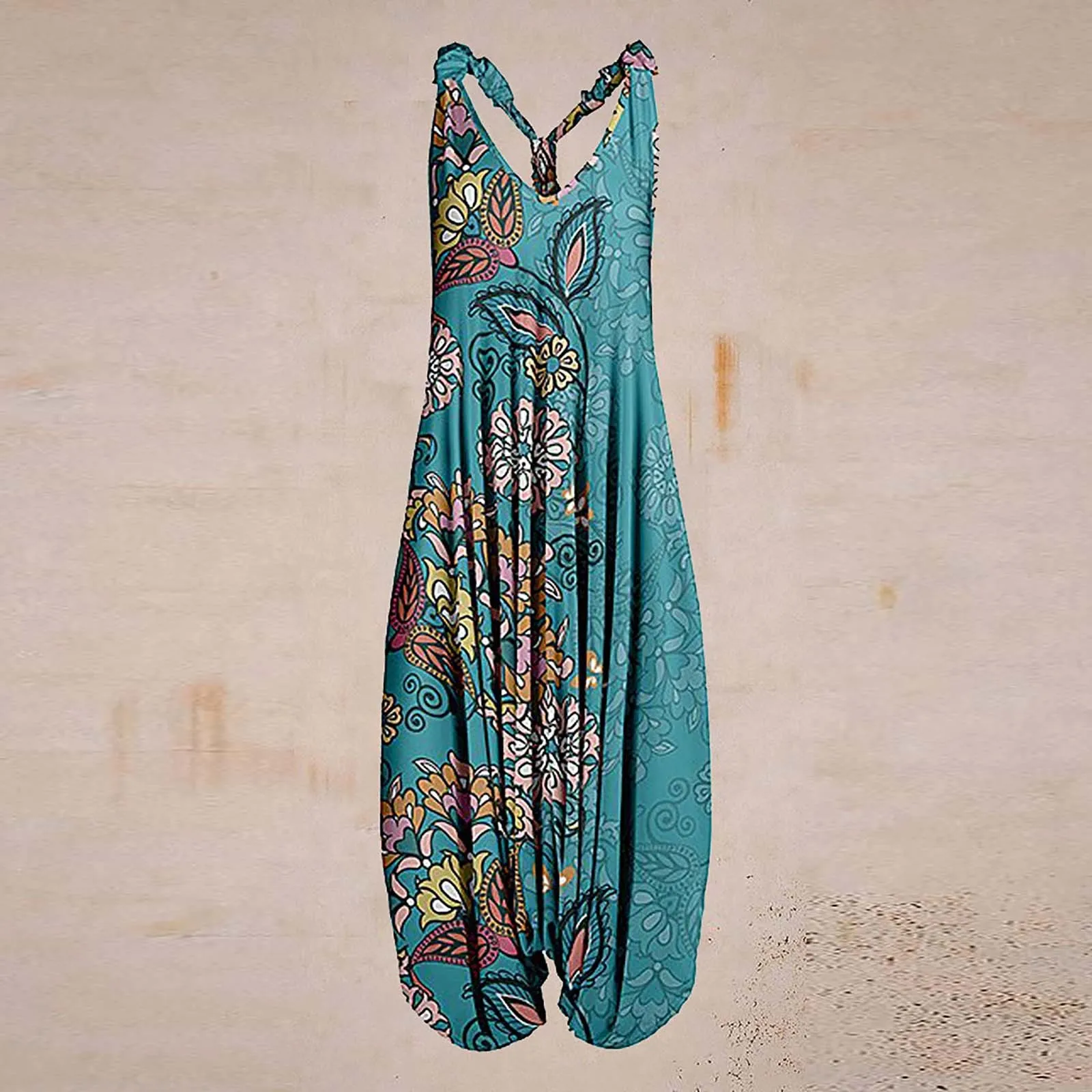 Boho Casual Jumpsuits Women Casual Floral Print Rompers Loose Plus Size Casual Sleeveless Strappy Jumpsuit Vintage Ethnic Style