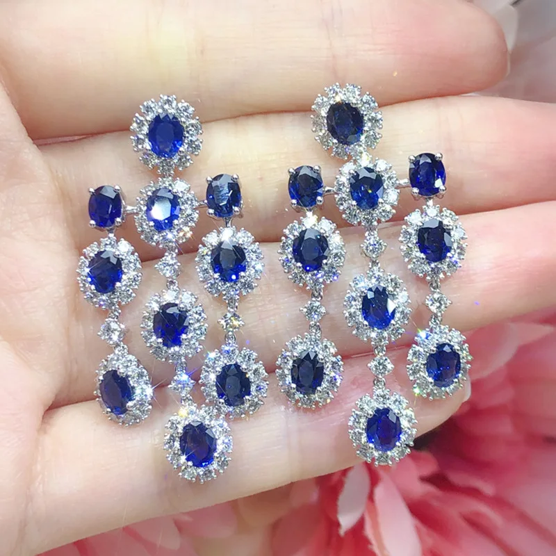 Foydjew Luxury Blue Zircon Long Tassel Dangle Earrings Royal Simulated Sapphire Pendant Necklaces Wedding Jewelry Sets For Women