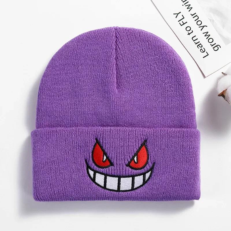 Pokemon Gengar Embroidery Knitted Cap Beanies for Men Women Student Autumn Winter Warm Cold-proof Wool Cap Skullies Hat Gift