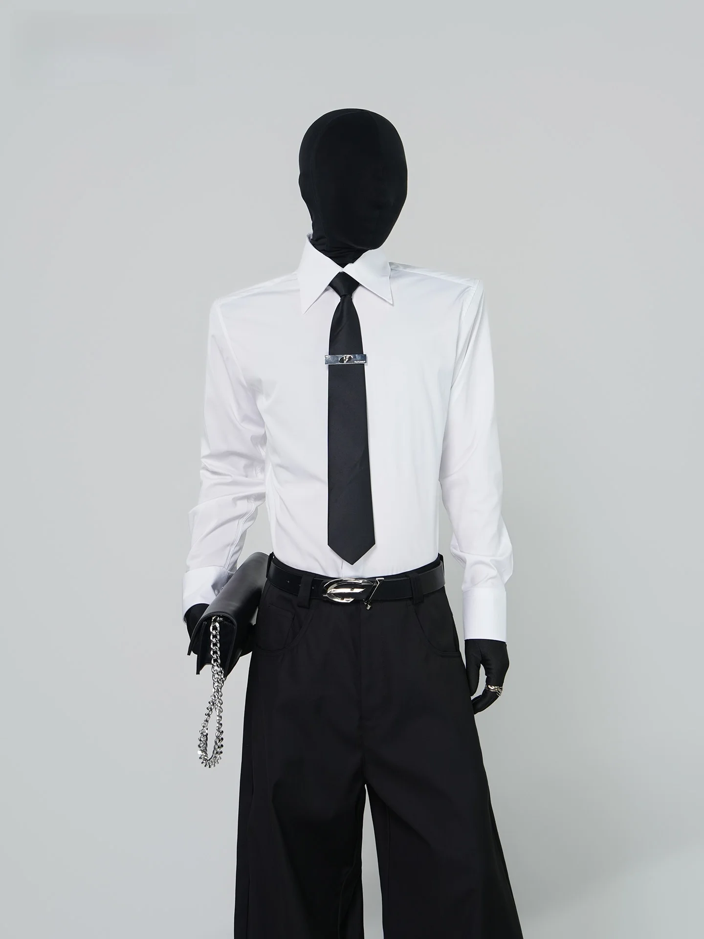 

VE2 mat White Long Sve irt Metal Collar Button Design Arcuate Eight-Character Collar Cardigan Faion Urban Men's...