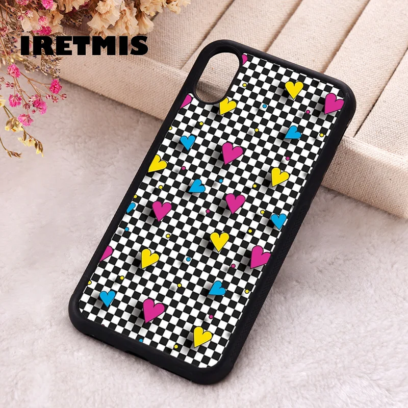 Iretmis Phone Cover Case For iPhone X XS Max XR 11 12 13 PRO MINI 14 15 16 Plus Rubber Silicone Checkerboard Hearts