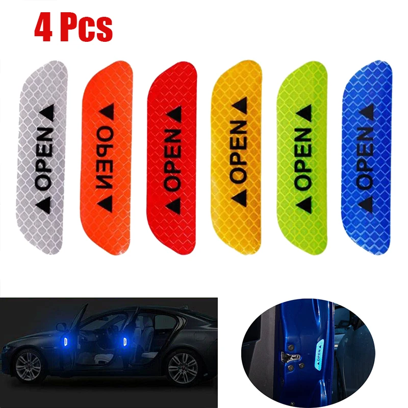 4Pcs Car Door Sticker Safety Open Warn Reflector Tape Decal OPEN Safety Anti-collision Strips Sticker Auto Exterior Accessories
