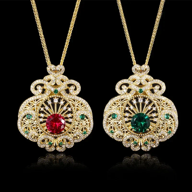 

Exquisite Gold Plated Pendant Necklace with Red Green Crystals Intricate Filigree Design Vintage Style Statement Women Jewelry