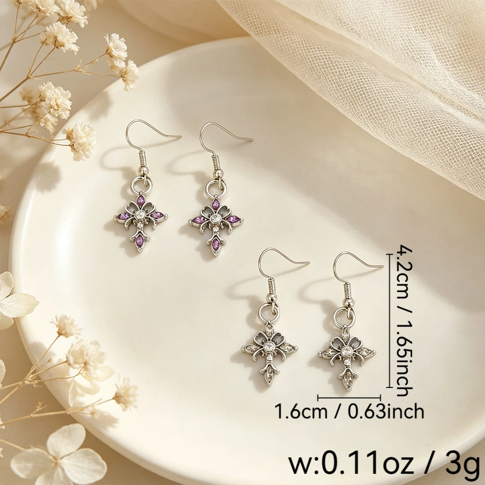 Hollow-Out Four-Pointed Star with Colored Diamonds, Short Dangle Earrings, Purple-Blue Transparent Three-Color Rhinestone Silver Earrings, Gentle and Atmospheric Styling Accessory