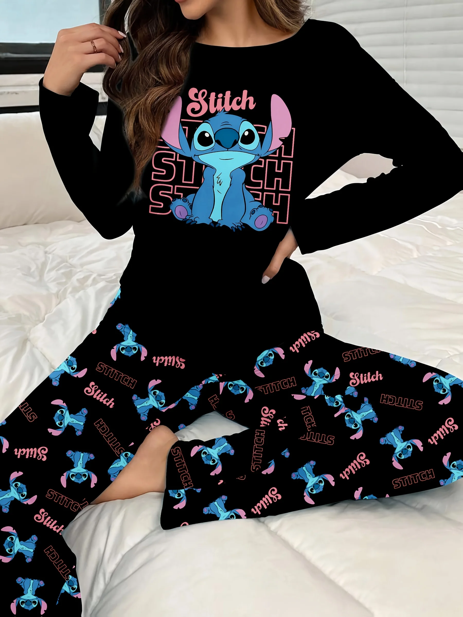 

Women's pajama set with cute Disney Stitch prints, long-sleeved top and pants, comfortable for home or outdoor wear