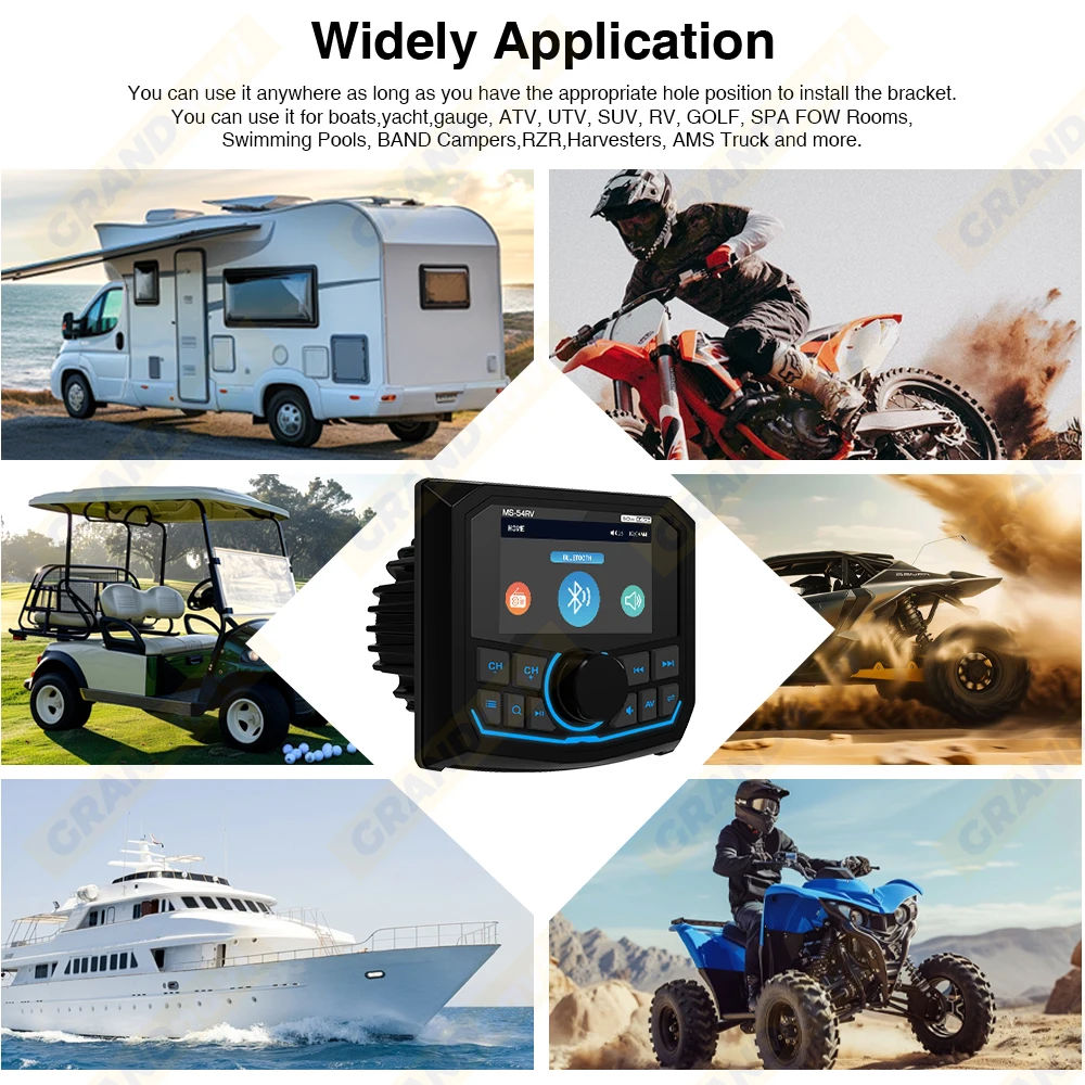 GRANDnavi MP5 Marine สเตอริโอกันน้ํา IPX5 เรือเครื่องเล่นวิทยุบลูทูธ FM AM RDS สําหรับ Yacht Gauge RV ATV UTV รถเข็น
