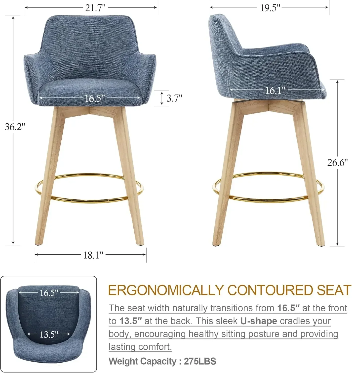 Bar Stools Set of 2, Counter Height Island Chairs with Back, Arms, Metal Footrest and Solid Wood Legs, 26