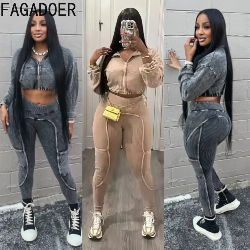 

FAGADOER Autumn Winter Rib Two Piece Set For Women Casual Lapel Zip Patchwork Crop Top + High Waist Leggings Joggers Sportswear