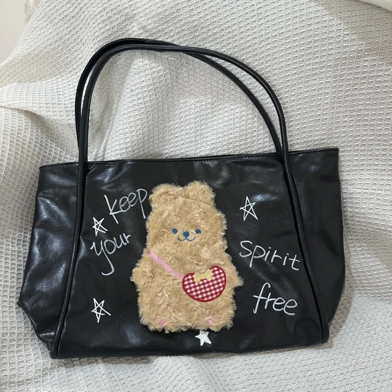 Hand-painted Letter Graffiti Tote Bag Y2K high Capacity Commuter PU Leather Shoulder Bag Creative Cute Toy Dog Decor Shopper Bag