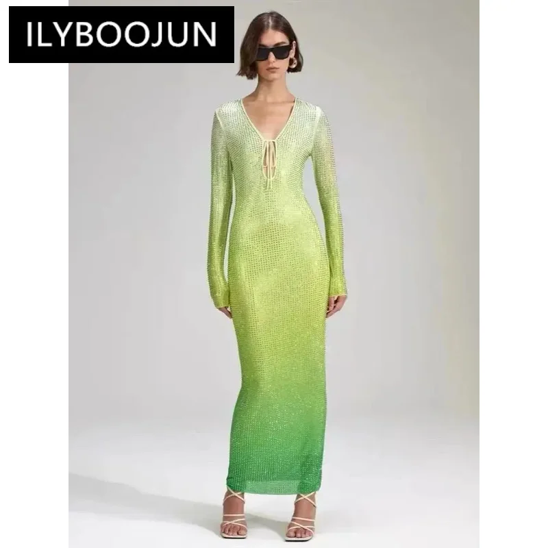 

ILYBOOJUN New Women 2024 Sexy Mesh Rhinestone Crystal Diamonds Stretched Gradient Cut Out Ankle Length Long Party Dress Vestido