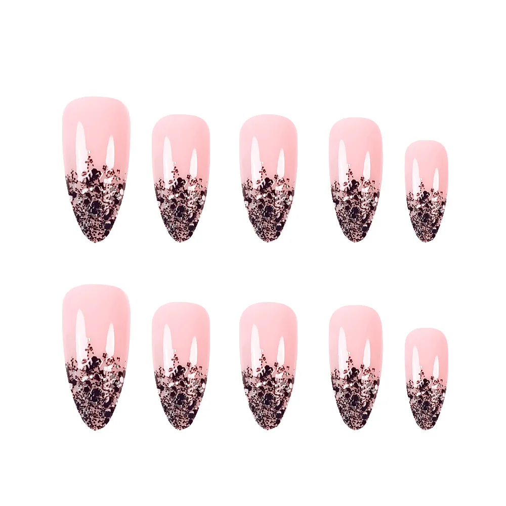 

24PCS Edgy False Nails Nude Pink Black Glitter Almond Press on Nails French Design Sweet Cool Style Removable Manicure Nail Art